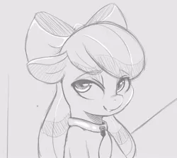 Size: 756x674 | Tagged: suggestive, artist:tre, derpibooru import, apple bloom, pony, bedroom eyes, bow, collar, female, filly, floppy ears, gray background, grayscale, hair bow, leash, looking at you, monochrome, simple background, solo