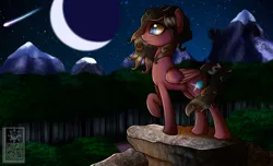 Size: 2800x1700 | Tagged: safe, artist:elmutanto, derpibooru import, oc, oc:aya lightstreak, unofficial characters only, pegasus, pony, fanfic, adventure, canterlot, commission, everfree forest, fanfic art, female, high quality, mare, moon, mountain, night, shooting star, solo, stars, tree