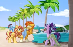 Size: 1024x662 | Tagged: safe, artist:kellythedrawinguni, derpibooru import, starlight glimmer, sunburst, sunset shimmer, trixie, bird, pony, unicorn, beach, bipedal, butt, car, clothes, cloud, cute, dress, eye contact, female, hat, hoof hold, lidded eyes, looking at each other, looking back, male, mare, palm tree, plot, raised hoof, raised leg, see-through, sky, smiling, smirk, squee, stallion, sunburst gets all the mares, sundress, sunglasses, tree, underhoof, walking, water, waving