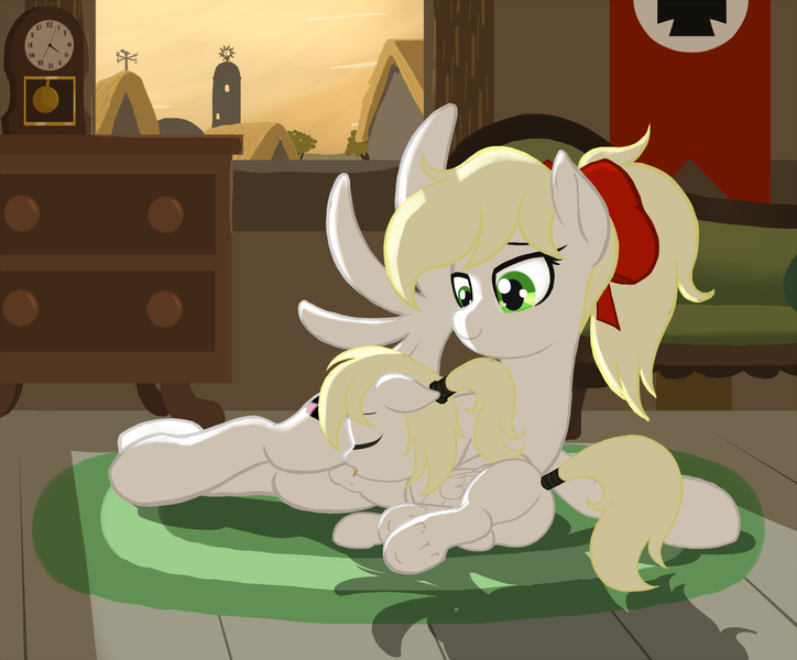 Size: 2000x1657 | Tagged: questionable, artist:lemon, derpibooru import, oc, oc:kyrie, oc:luftkrieg, pegasus, pony, aryan, aryan pony, blonde, bow, breastfeeding, butt, clock, cute, cutie mark, daughter, dusk, female, filly, flag, folded wings, hair bow, hairband, horses doing horse things, indoors, mare, milk, mother, mother and daughter, nazi, nazipone, nipples, nonsexual nursing, nudity, nursing, plot, ponytail, roman numerals, rug, side, sky, suckling, tailband, underhoof, window, wings