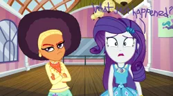 Size: 3000x1667 | Tagged: safe, artist:ktd1993, derpibooru import, rarity, saffron masala, equestria girls, equestria girls series, afro, crossed arms, ear piercing, earring, equestria girls-ified, female, frown, geode of shielding, jewelry, lesbian, looking at you, magical geodes, neckerchief, open mouth, piercing, raffron, shipping