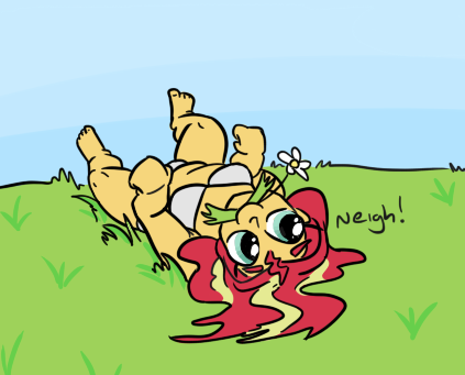 Size: 423x341 | Tagged: suggestive, artist:jargon scott, derpibooru import, sunset shimmer, equestria girls, adorasexy, barefoot, c:, clothes, cute, eating, feet, female, flower, grass, grazing, homesick shimmer, humans doing horse things, neigh, nom, on back, panties, rolling, sexy, shimmerbetes, smiling, solo, solo female, sunset wants her old digestive system back, underwear, wat