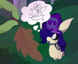 Size: 2064x1712 | Tagged: safe, artist:dragonpone, derpibooru import, oc, oc:anon, oc:ghostwhite, unofficial characters only, human, mushroom pony, original species, black sclera, blush sticker, blushing, bush, choker, duo, ear piercing, eating, female, fingers, floating heart, hair over one eye, heart, hungry, leaf, male, munching, mushroom, offscreen character, piercing, punk, smiling, spiked choker, tattoo, thought bubble, tongue out, tree