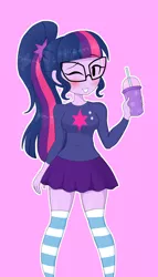 Size: 1836x3202 | Tagged: safe, artist:iyoungsavage, derpibooru import, sci-twi, twilight sparkle, equestria girls, blushing, clothes, cup, cute, cutie mark on clothes, female, looking at you, moe, one eye closed, ponytail, simple background, skirt, smiling, socks, solo, stockings, striped socks, thigh highs, thighs, twiabetes, wink