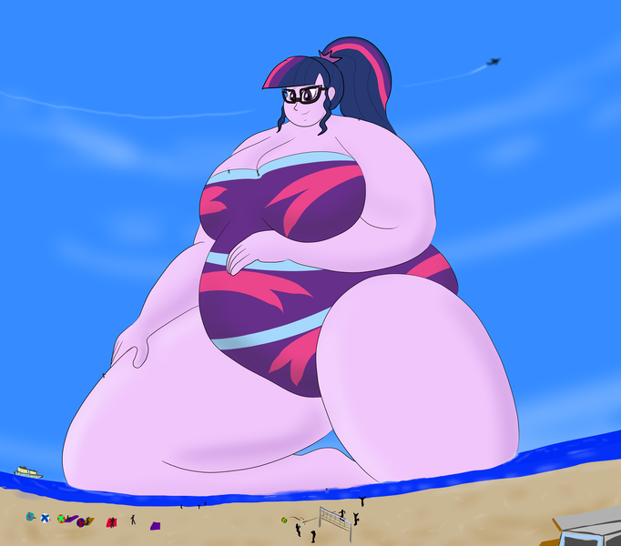 Size: 5000x4400 | Tagged: suggestive, artist:feyzer, derpibooru import, sci-twi, twilight sparkle, human, equestria girls, absurd resolution, bbw, beach, breasts, busty twilight sparkle, clothes, fat, fat boobs, female, giantess, glasses, huge, macro, obese, ocean, one-piece swimsuit, people, sand, sci-twilard, solo, solo female, ssbbw, swimsuit, twilard sparkle, volleyball net