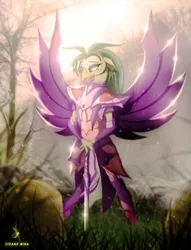 Size: 1080x1412 | Tagged: anime, armor, artist:zidanemina, captain celaeno, colored, crossover, derpibooru import, digital art, female, horoscope, my little pony: the movie, parrot, safe, saint seiya, semi-anthro, signature, solo, sword, weapon, zodiac