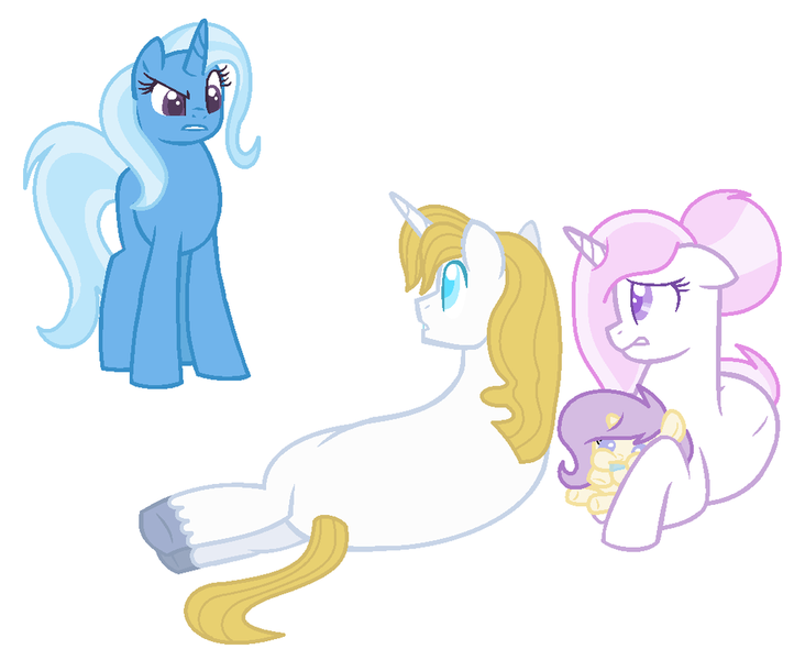 Size: 1024x851 | Tagged: safe, artist:bellalovesans04, derpibooru import, fleur-de-lis, prince blueblood, trixie, oc, oc:silver star, pony, unicorn, baby, baby pony, base used, female, filly, fleur-de-blueblood, implied bluetrix, implied shipping, implied straight, male, offspring, parent:fleur-de-lis, parent:prince blueblood, parents:fleur-de-blueblood, shipping, simple background, story included, straight, white background