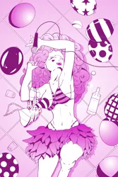 Size: 2000x3000 | Tagged: after party, armpits, artist:fanarteiro, balloon, bikini, bottle, breasts, clothes, derpibooru import, drunk, drunk bubbles, drunkie pie, ear piercing, earring, female, high res, human, human female, humanized, jewelry, microphone, monochrome, on floor, panties, piercing, pinkie pie, shirt, solo, solo female, strategically covered, suggestive, swimsuit, thong, underwear