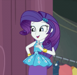 Size: 735x720 | Tagged: safe, derpibooru import, screencap, rarity, equestria girls, equestria girls series, rarity investigates: the case of the bedazzled boot, animated, black and white, bracelet, clothes rack, cropped, cute, detective rarity, fabulous, feather, fedora, female, geode of shielding, gif, grayscale, hat, jewelry, magical geodes, monochrome, noir, raribetes, solo
