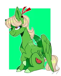 Size: 667x822 | Tagged: safe, artist:iheyyasyfox, derpibooru import, oc, oc:melon seed, pegasus, pony, colored hooves, female, mare, one eye closed, raised hoof, signature, sitting, solo, wink