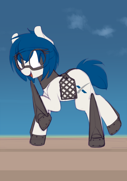 Size: 1350x1913 | Tagged: safe, artist:shinodage, derpibooru import, oc, oc:merlin, ponified, unofficial characters only, original species, pony, rocket pony, female, goggles, gridfins, mare, solo, spacex