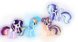 Size: 1616x864 | Tagged: safe, artist:thesmall-artist, derpibooru import, oc, oc:celestial moon, oc:colour sparkling, oc:magical apple, oc:smooth blue, unofficial characters only, alicorn, pegasus, pony, unicorn, base used, female, half-siblings, magical lesbian spawn, mare, offspring, parent:applejack, parent:rainbow dash, parent:twilight sparkle, parents:twidash, parents:twijack, simple background, transparent background