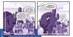 Size: 1456x738 | Tagged: safe, artist:tonyfleecs, derpibooru import, edit, idw, buffalo, earth pony, pony, unicorn, spoiler:comic, spoiler:comic25, spoiler:comic66, cloven hooves, comic, cropped, fake cutie mark, fake ears, female, implied applejack, implied twilight sparkle, mare, monochrome, parody, speech bubble, ten gallon hat