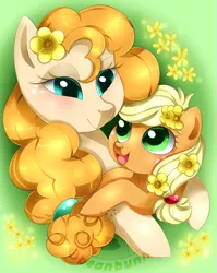 Size: 1127x1419 | Tagged: safe, artist:beanbunn, derpibooru import, applejack, pear butter, earth pony, pony, cute, female, filly, flower, flower in hair, happy, jackabetes, mare, mother and daughter