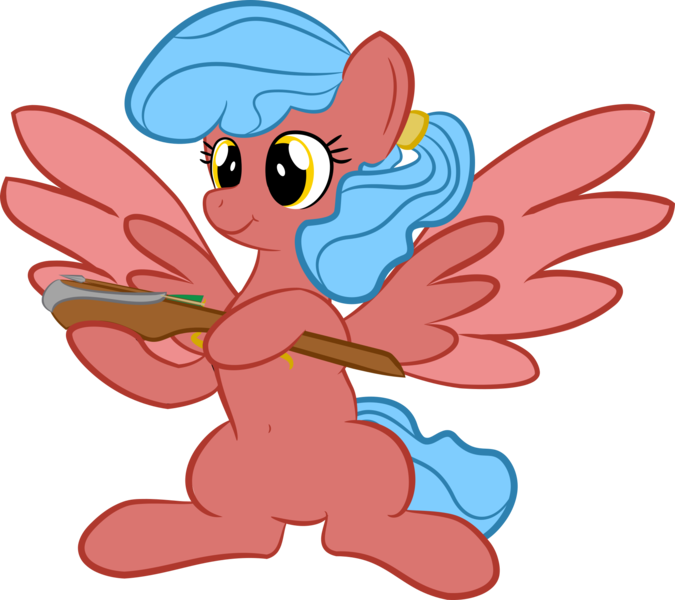 Size: 1944x1729 | Tagged: safe, artist:darknutlord521, derpibooru import, oc, oc:sparkie sprocket, unofficial characters only, pegasus, pony, belly button, crossbow, female, hoof hold, mare, simple background, sitting, solo, transparent background, two toned wings