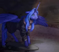 Size: 900x783 | Tagged: safe, artist:lusille, derpibooru import, princess luna, alicorn, pony, fanfic:moon rise, clothes, female, mare, scarf, skateboard, solo, sweater