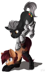 Size: 3512x5504 | Tagged: amputee, artist:beardie, bionics, derpibooru import, duo, female, male, mare, oc, oc:kick pacer, oc:wireless fuzz, prosthetic limb, prosthetics, safe, simple background, stallion, transparent background, unofficial characters only