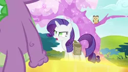 Size: 1280x720 | Tagged: safe, derpibooru import, screencap, owlowiscious, rarity, spike, dragon, owl, pony, unicorn, inspiration manifestation, clenched fist, crystal tree, female, golden road, inspirarity, male, mare, perching, possessed, saddle bag, sitting in a tree, tree, trio