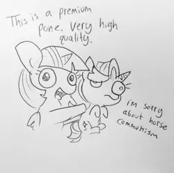 Size: 1245x1237 | Tagged: safe, artist:tjpones, derpibooru import, starlight glimmer, twilight sparkle, twilight sparkle (alicorn), alicorn, pony, unicorn, black and white, dialogue, duo, female, grayscale, holding a pony, horn, lineart, lol comments, mare, monochrome, pone, traditional art