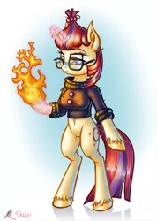 Size: 710x1000 | Tagged: safe, artist:skorpionletun, derpibooru import, moondancer, anthro, unguligrade anthro, unicorn, arm hooves, belly button, breasts, chestbreasts, featureless crotch, female, fire, glasses, glowing hooves, glowing horn, simple background, solo, unshorn fetlocks