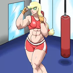 Size: 1024x1024 | Tagged: abs, applejack, applejacked, armpits, artist:korencz11, boxing, clothes, derpibooru import, hatless, human, humanized, midriff, missing accessory, muscles, safe, solo, sports, sports bra, swole