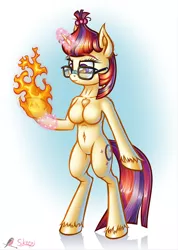 Size: 710x1000 | Tagged: suggestive, alternate version, artist:skorpionletun, derpibooru import, moondancer, anthro, unguligrade anthro, unicorn, belly button, breasts, chestbreasts, featureless breasts, female, fire, glasses, glowing hooves, glowing horn, simple background, solo, solo female, unshorn fetlocks