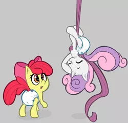 Size: 1394x1338 | Tagged: acrobatics, apple bloom, artist:lazynore, derpibooru import, diaper, duo, eyes closed, female, fetish, gray background, gymnastics, looking up, open mouth, raised leg, safe, simple background, sweetie belle, upside down