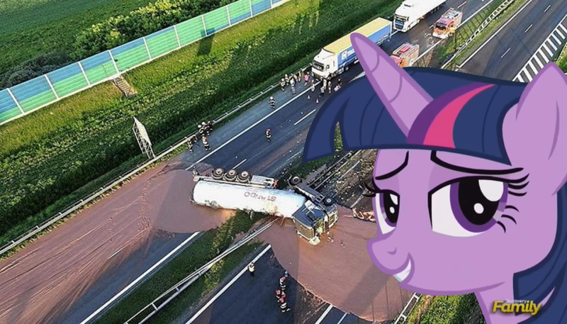 Size: 875x500 | Tagged: alicorn, chocolate, chocolate milk, crash, derpibooru import, disaster girl, disaster sparkle, discovery family logo, everything is ruined, exploitable meme, meme, milk, poland, pure unfiltered evil, renault, renault magnum, safe, semi truck, spilled milk, truck, twilight sparkle, twilight sparkle (alicorn)
