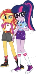Size: 710x1460 | Tagged: safe, derpibooru import, editor:superbobiann, sci-twi, sunset shimmer, twilight sparkle, equestria girls, legend of everfree, belt, boots, camp everfree outfits, clothes, converse, glasses, hand on butt, looking at you, ponytail, raised leg, shoes, simple background, sneakers, socks, sun, transparent background