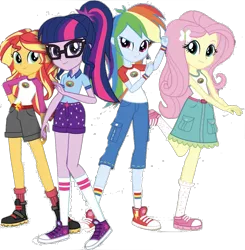 Size: 1425x1456 | Tagged: safe, derpibooru import, editor:superbobiann, fluttershy, rainbow dash, sci-twi, sunset shimmer, twilight sparkle, butterfly, equestria girls, legend of everfree, belt, boots, bracelet, camp everfree outfits, clothes, converse, cute, glasses, jewelry, looking at you, ponytail, raised leg, shoes, shyabetes, simple background, sneakers, socks, stock vector, sun, transparent background, wristband