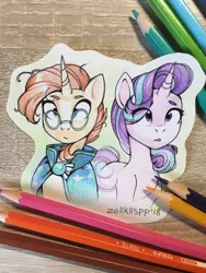 Size: 960x1280 | Tagged: safe, artist:lispp, derpibooru import, starlight glimmer, sunburst, pony, unicorn, cape, clothes, colored pencil drawing, cutout, duo, female, glasses, male, mare, pencil drawing, stallion, traditional art