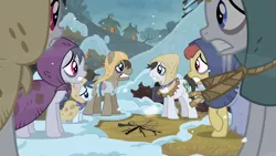 Size: 1280x720 | Tagged: safe, derpibooru import, screencap, amaranthine, charcoal bakes, doctor whooves, dry wheat, flurry, lucky clover, shady daze, time turner, earth pony, pony, hearth's warming eve (episode), background pony, bags under eyes, burlap, cold, earth pony tribe, female, filly, hearth's warming eve, male, mare, peasant, rags, snow, stallion