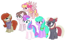 Size: 1024x641 | Tagged: safe, artist:leanne264, derpibooru import, princess flurry heart, oc, oc:apple shine, oc:pastel, oc:red nova, oc:scheelite pie, oc:vanilla sweet, alicorn, earth pony, pegasus, pony, alternate mane six, base used, bow, clothes, female, glasses, group, hair bow, mare, next generation, offspring, older, older flurry heart, parent:caramel, parent:marble pie, parent:moondancer, parent:star tracker, parent:starlight glimmer, parent:sunburst, parents:glimmel, parents:marbleburst, parents:moontracker, simple background, sweater, transparent background