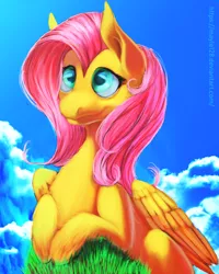 Size: 1024x1280 | Tagged: safe, artist:may-li128, derpibooru import, fluttershy, pegasus, pony, cloud, female, grass, mare, sky, smiling, solo