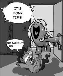 Size: 356x426 | Tagged: safe, derpibooru import, edit, idw, king sombra, radiant hope, pony, unicorn, spoiler:comic, spoiler:comicfiendshipismagic1, belt, colt, dialogue, duo, exploitable meme, eye, eyes, female, filly, goofy time, in-universe pegasister, male, meme, pony time, scared, slam, time for ponies