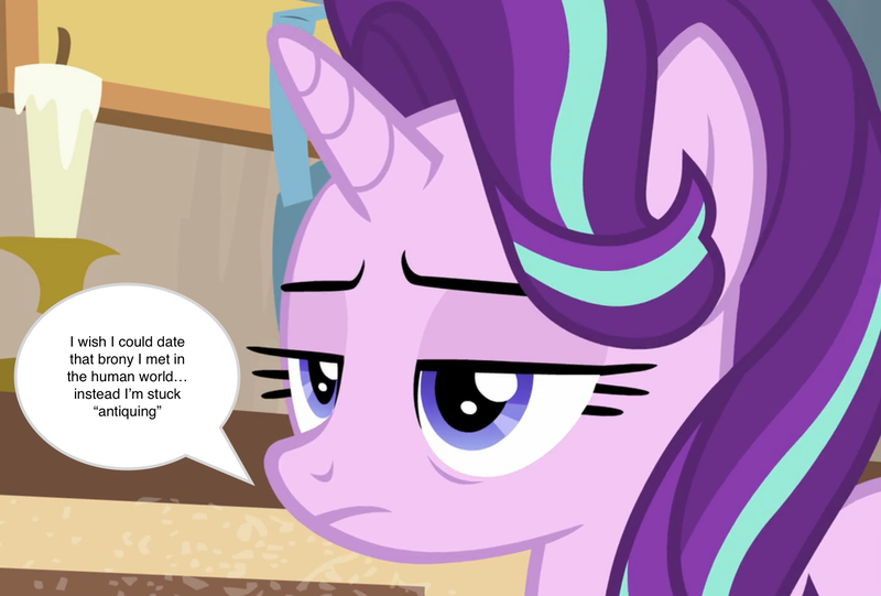 Size: 1471x994 | Tagged: safe, derpibooru import, starlight glimmer, unicorn, bags under eyes, bronybait, lidded eyes, speech