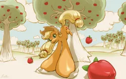 Size: 2560x1600 | Tagged: safe, artist:cow41087, derpibooru import, applejack, earth pony, pony, angle, apple, apple tree, applebucking, applejack mid tree-buck facing the left with 3 apples falling down, applejack mid tree-buck with 3 apples falling down, bucking, fail, falling, female, food, freckles, low angle, mare, misleading thumbnail, perspective, solo, tree, wat