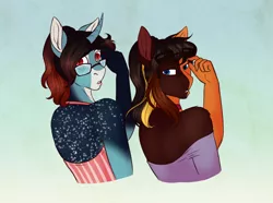 Size: 1916x1428 | Tagged: anthro, artist:blackblood-queen, brother and sister, clothes, curved horn, derpibooru import, dracony, female, glasses, hybrid, looking back, male, mare, oc, oc:annie belle, oc:daniel dasher, off shoulder, safe, siblings, slit eyes, stallion, sunglasses