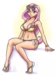 Size: 1421x1920 | Tagged: adorasexy, armpits, artist:king-kakapo, bikini, breasts, busty fluttershy, clothes, cute, derpibooru import, feet, female, flip-flops, fluttershy, human, humanized, sandals, sexy, shyabetes, sitting, solo, solo female, suggestive, sunglasses, swimsuit