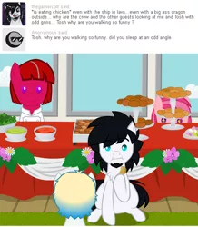 Size: 540x620 | Tagged: safe, artist:aha-mccoy, derpibooru import, oc, oc:gamercolt, oc:tosh, unofficial characters only, earth pony, pony, robot, robot pony, nopony-ask-mclovin, animated, ask, buffet, male, ponies eating meat, stallion, this will end in weight gain, tumblr