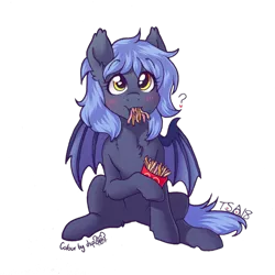 Size: 1200x1200 | Tagged: safe, artist:dsp2003, artist:twisted-sketch, color edit, derpibooru import, edit, oc, oc:panne, bat pony, pony, bat pony oc, blushing, colored, cute, daaaaaaaaaaaw, female, food, french fries, hoof hold, looking at you, mare, question mark, simple background, solo, transparent background