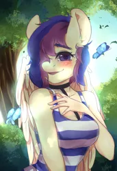 Size: 3628x5315 | Tagged: anthro, anthro oc, artist:krisfox97, blushing, butterfly, choker, clothes, derpibooru import, female, forest, hair over one eye, mare, oc, oc:lilith kamaria, pegasus, safe, smiling, tanktop, tree, unofficial characters only, wings, ych result