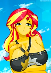 Size: 1944x2764 | Tagged: suggestive, artist:aboimages03, derpibooru import, sunset shimmer, equestria girls, equestria girls series, forgotten friendship, beach, beach babe, big breasts, bikini, bikini babe, bikini top, breasts, busty sunset shimmer, cleavage, clothes, cloud, female, looking at you, sky, solo, swimsuit