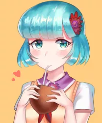 Size: 800x960 | Tagged: anime, artist:tzc, clothes, cocobetes, coconut, coconut cup, coco pommel, cute, derpibooru import, drinking, drinking straw, female, food, heart, human, human coloration, humanized, looking at you, name pun, pun, safe, simple background, solo, straw, visual pun