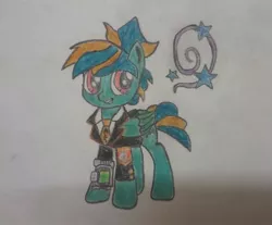 Size: 1545x1277 | Tagged: safe, artist:twilightlsparkle, derpibooru import, oc, oc:nebula vortex, unofficial characters only, pegasus, pony, armband, clothes, colored pencil drawing, crossover, female, lobotomy corporation, mare, paper, red eyes, short ponytail, simple background, smiling, solo, suit, tied, traditional art, unicorn corporation, white background