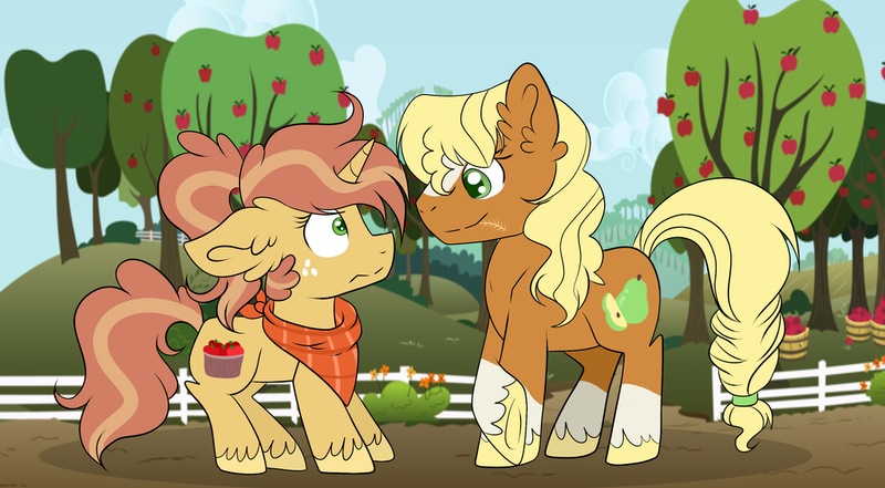 Size: 1024x564 | Tagged: safe, artist:mintoria, derpibooru import, oc, oc:anjou apple, oc:apple crisp, oc:honey crisp, unofficial characters only, earth pony, pony, unicorn, kilalaverse ii, apple tree, bandana, blaze (coat marking), duo, female, fence, half-siblings, interdimensional siblings, mare, next generation, offspring, parent:applejack, parent:flam, parent:troubleshoes clyde, parents:flamjack, parents:troublejack, socks (coat marking), tree