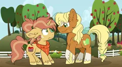 Size: 1024x564 | Tagged: safe, artist:mintoria, derpibooru import, oc, oc:anjou apple, oc:apple crisp, oc:honey crisp, unofficial characters only, earth pony, pony, unicorn, kilalaverse ii, apple tree, bandana, blaze (coat marking), duo, female, fence, half-siblings, interdimensional siblings, mare, next generation, offspring, parent:applejack, parent:flam, parent:troubleshoes clyde, parents:flamjack, parents:troublejack, socks (coat marking), tree