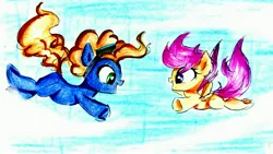 Size: 4128x2322 | Tagged: safe, artist:liaaqila, derpibooru import, scootaloo, oc, oc:silly scribe, earth pony, pegasus, pony, cute, female, filly, goggles, skydiving, traditional art