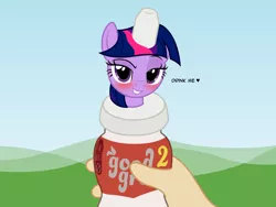 Size: 2552x1922 | Tagged: safe, artist:badumsquish, derpibooru import, twilight sparkle, ponified, drink pony, food pony, object pony, original species, pony, badumsquish strikes again, bedroom eyes, blushing, bottle, context is for the weak, dialogue, drink, flirty, good girl, good2grow, hand, heart, holding a pony, inanimate tf, looking at you, loss (meme), raised eyebrow, smiling, smirk, smug, that was fast, transformation, twitem