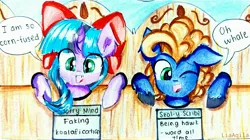 Size: 3995x2234 | Tagged: safe, artist:liaaqila, derpibooru import, oc, oc:silly scribe, oc:starry mind, unofficial characters only, pony, cute, pun, pure unfiltered evil, silly, silly pony, stocks, traditional art